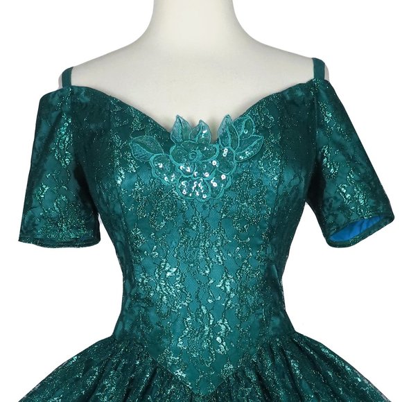 Vintage 80s Gunne Sax Green Metallic Lurex Floral Lace Full Skirt Prom Dress S - Picture 8 of 12